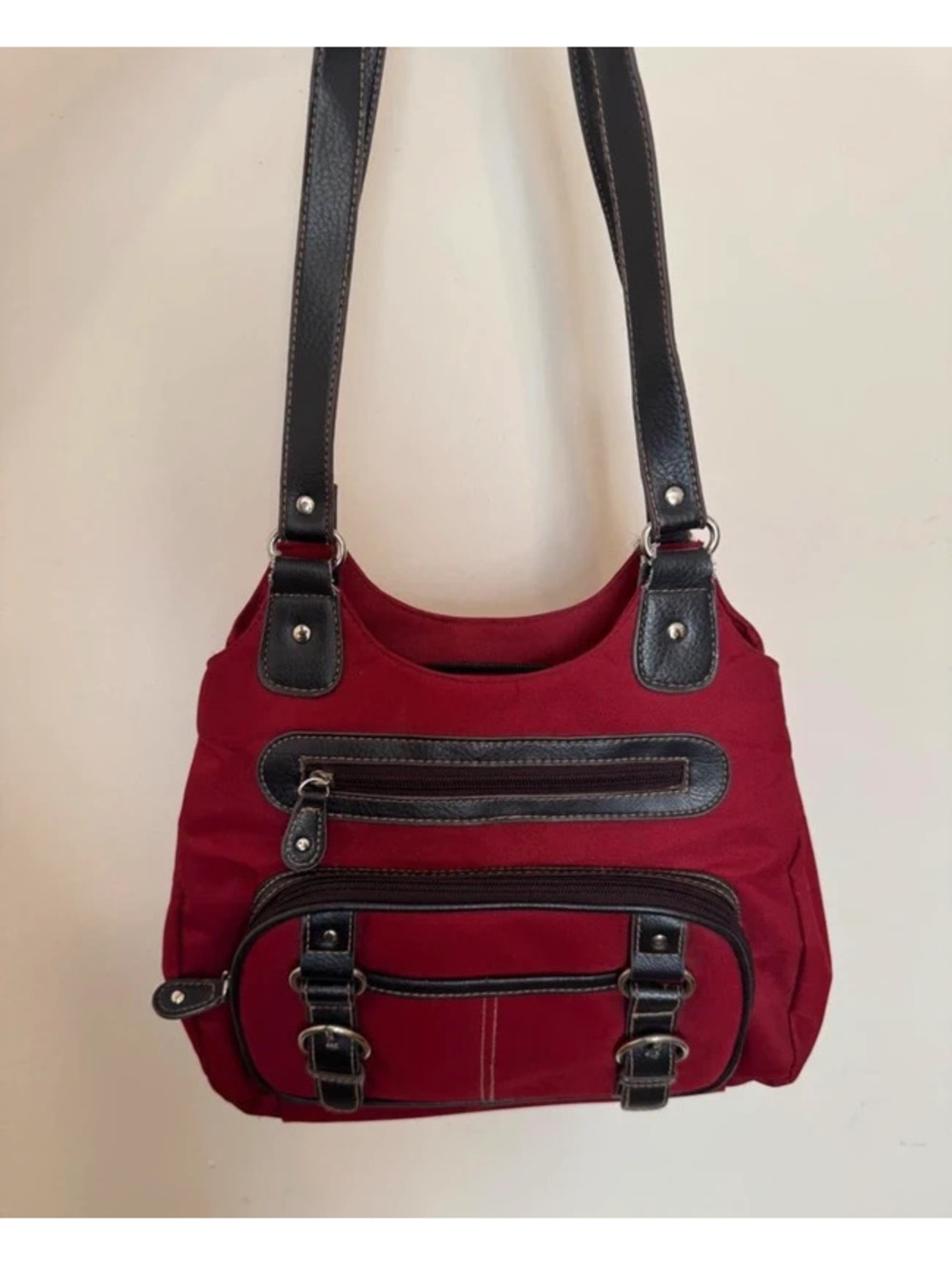 Burgundy Canvas Shoulder Bag with Leather Trim & Pockets [COPY]